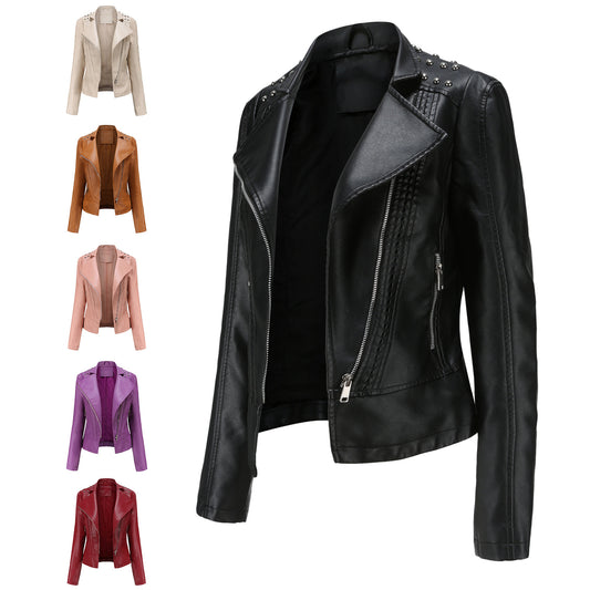 Slim Fit Motor Biker PU Leather Short Coat Stand Collar Ladies Zipper Outerwear