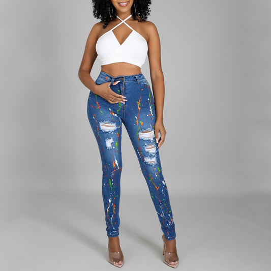 Chic High Waist Ripped Hole Pencil Jeans