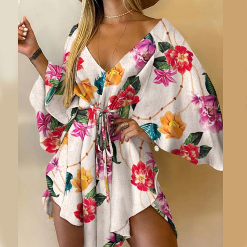 Lace-up Floral Printed Mini Dress