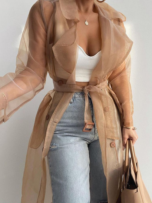 See Through Lace Up Mesh Long Sleeve Coat With Belt