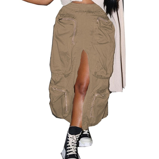 High Waist Split Front Straight Cargo Skirt with Pockets