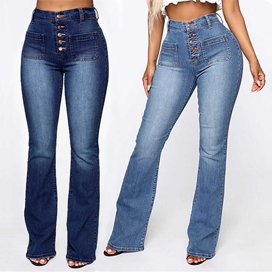 Patch Pocket Washed Ladies High Waist Denim Trousers